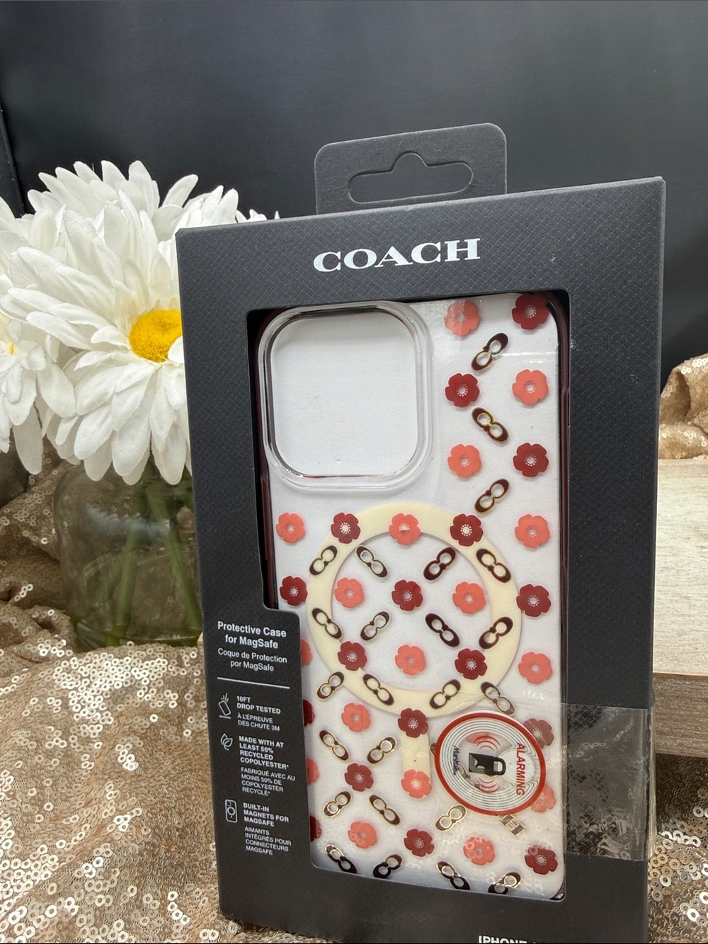 COACH clear iPhone 15 pro max Case with Coral & Red Floral Motif